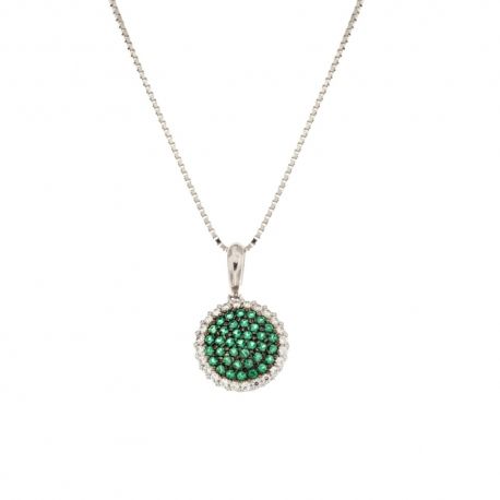 Collier en or blanc 18 Kt 750/1000 avec pendentif rond en zircon blanc et vert pour femme