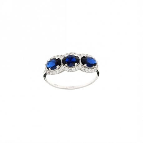 Anillo trilogía en oro blanco de 18 kt 750/1000 con circonitas azules y blancas