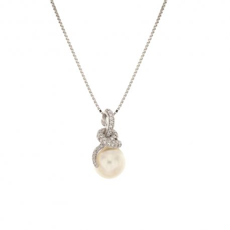 Colar feminino em ouro branco 18 Kt 750/1000 com pingente de pérola e zircões brancos