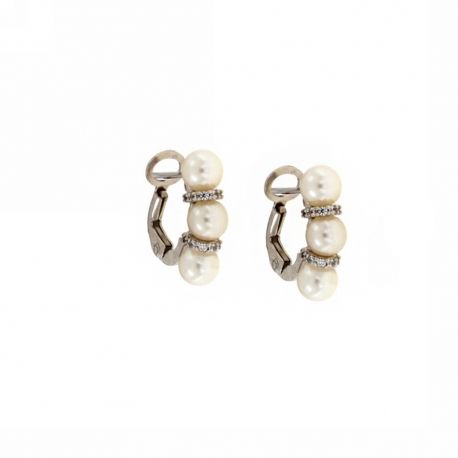 Boucles d'oreilles en or blanc 18 Kt 750/1000 avec zircons blancs et trois perles