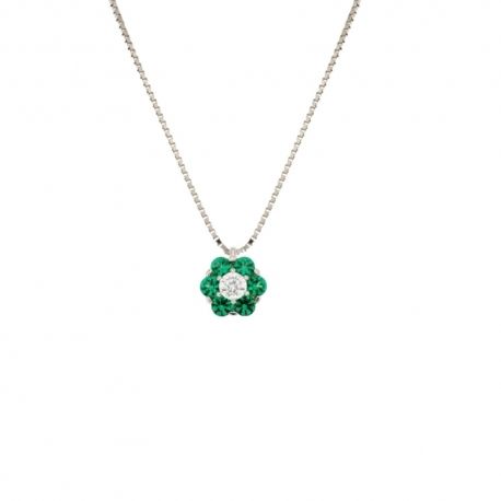 White gold 18k 750/1000 with white and green cubic zirconia flower shaped pendant necklace