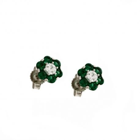 Pendientes en oro blanco de 18 kt 750/1000 con flor de circonitas verdes y blancas