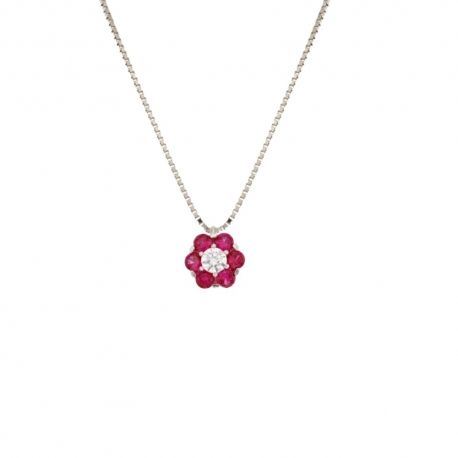 Collier en or blanc 18 Kt 750/1000 avec pendentif fleur zircon blanc et rouge pour femme