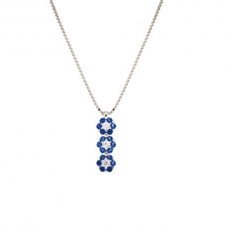 Trilogie ketting in 18 Kt 750/1000 witgoud met witte en blauwe zirkoonbloemen voor dames