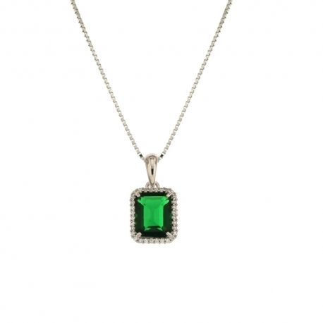 Colar em ouro branco 18 Kt 750/1000 com pingente de zircão branco e pedra verde central para mulher