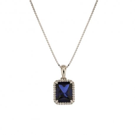 Collier en or blanc 18 Kt 750/1000 avec pendentif zircon blanc et pierre bleue centrale pour femme