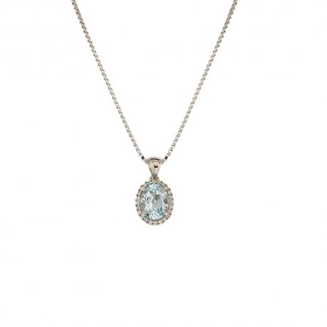 18 Kt 750/1000 witgouden ketting met witte zirkoon hanger en centrale blauwe steen voor dames