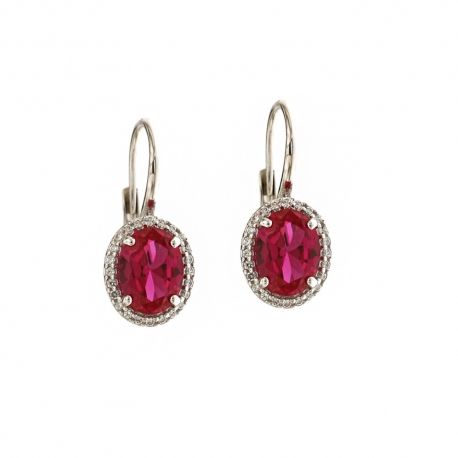 Boucles d'oreilles en or blanc 18 Kt 750/1000 avec zircons blancs et pierre centrale rouge