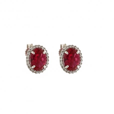 Boucles d'oreilles en or blanc 18 Kt 750/1000 avec pierre centrale rouge et zircons blancs