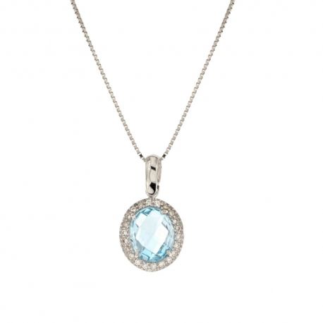 Collier en or 18 Kt 750/1000 avec pendentif ovale de zircons blancs et pierre bleue centrale pour femme