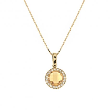 Collier en or jaune 18 Kt 750/1000 avec pendentif rond de zircons blancs et pierre jaune centrale pour femme