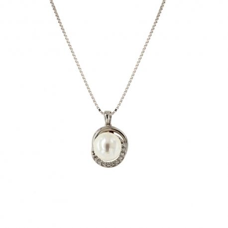 White gold 18k 750/1000 with pearl and white cubic zirconia woman necklace