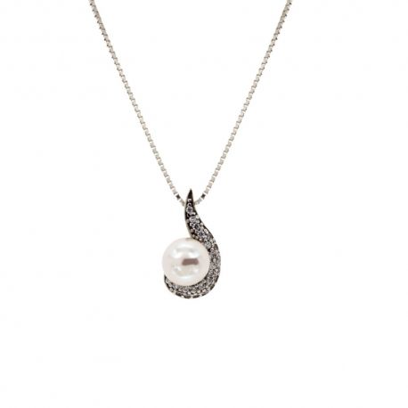 Collier en or blanc 18 Kt 750/1000 avec pendentif perle et zircons blancs pour femme