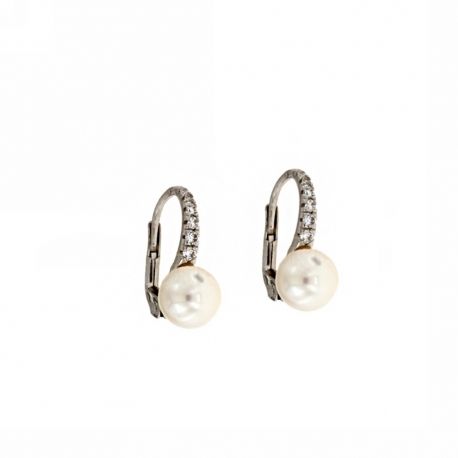 Pendientes en oro blanco de 18 Kt 750/1000 con circonitas blancas y perlas.