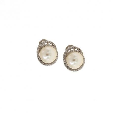 Boucles d'oreilles en or blanc 18 Kt 750/1000 avec zircons blancs et perles