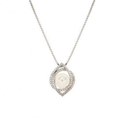 Collier en or blanc 18 Kt 750/1000 avec pendentif perle et zircons blancs pour femme