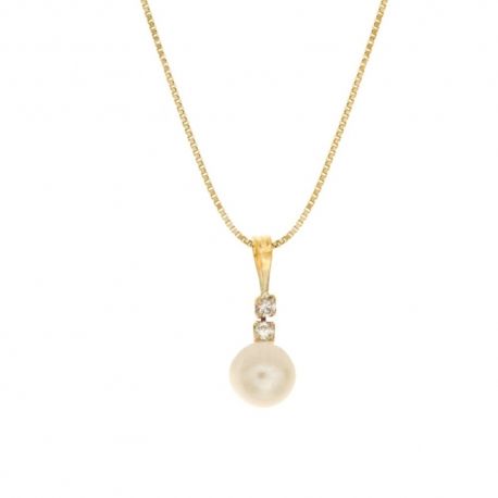 18 Kt 750/1000 geelgouden ketting met hanger parel en witte zirkonia's voor dames