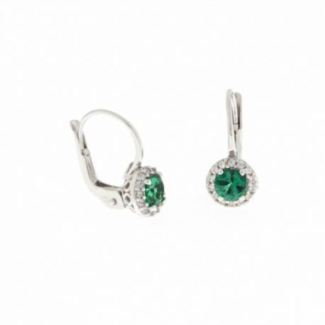 Boucles d'oreilles en or blanc 18 Kt 750/1000 avec pierre centrale verte et zircons blancs