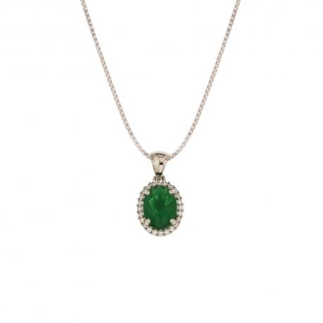 Colar em ouro branco 18 Kt 750/1000 com pingente de zircão branco e pedra verde central para mulher