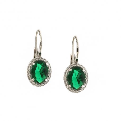 Boucles d'oreilles en or blanc 18 Kt 750/1000 avec zircons blancs et pierre centrale verte