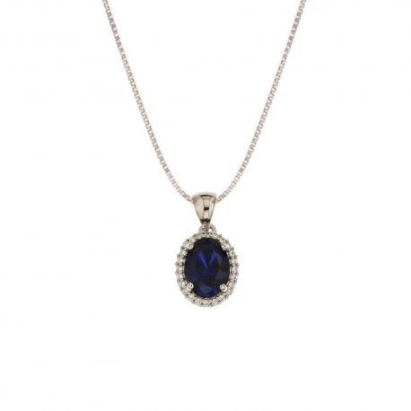 18 Kt 750/1000 witgouden ketting met witte zirkoon hanger en centrale blauwe steen voor dames