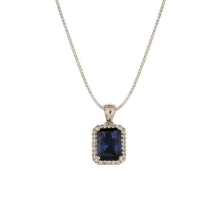 18 Kt 750/1000 witgouden ketting met witte zirkoon hanger en centrale blauwe steen voor dames