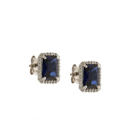 Pendientes en oro blanco de 18 Kt 750/1000 con piedra central azul y circonitas blancas