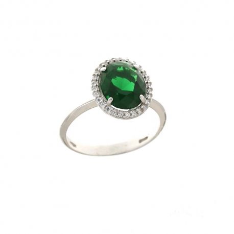 Bague en Or blanc 18 Kt 750/1000 avec pierre centrale verte et zircons blancs