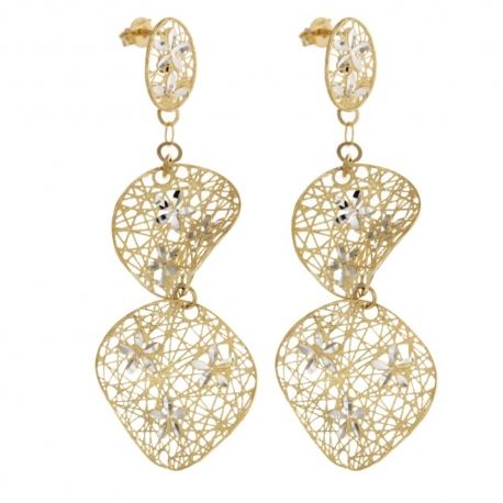 Pendientes colgantes en oro blanco y amarillo de 18 Kt 750/1000 con flores y círculos martillados para mujer