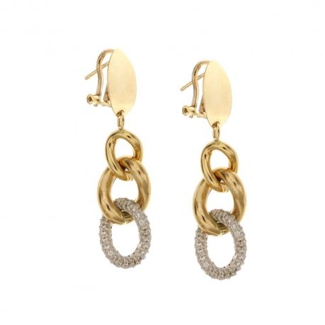 Pendientes colgantes en oro blanco y amarillo de 18 Kt 750/1000 con cadena hueca y malla de circonitas para mujer