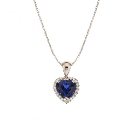 Collier en or blanc 18 Kt 750/1000 avec pendentif zircon blanc et pierre bleue centrale pour femme