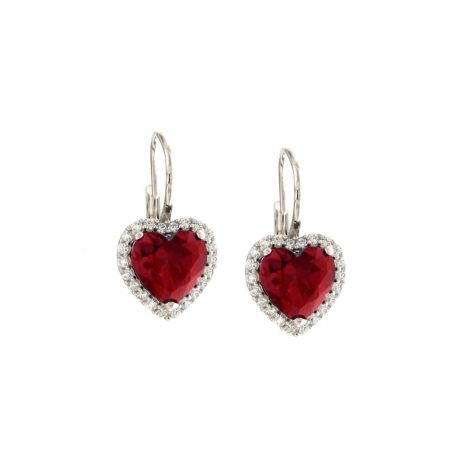 Boucles d'oreilles en or blanc 18 Kt 750/1000 avec zircons blancs et pierre centrale rouge