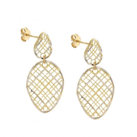 Boucles d'oreilles pendantes en or jaune et blanc 18 Kt 750/1000 avec ovales ajourés