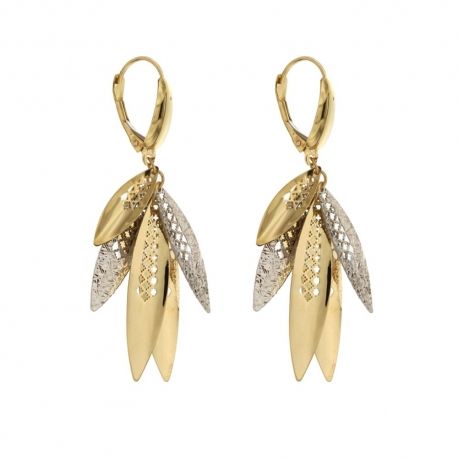 Boucles d'oreilles pendantes feuilles en or 18 Kt 750/1000, finition polie et martelée pour femme