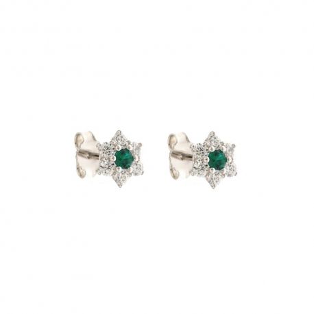 Boucles d'oreilles en or blanc 18 Kt 750/1000 avec fleur centrale de zircons blancs et pierres vertes