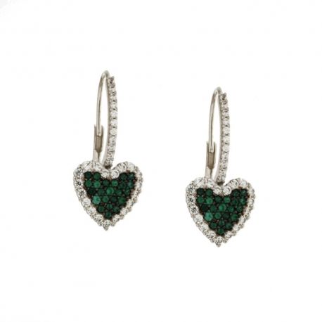 Pendientes de oro blanco de 18 Kt 750/1000 con corazón de circonitas blancas y piedras verdes