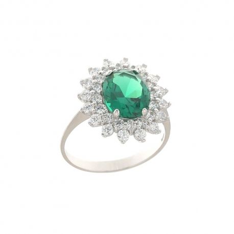 Ring van 18 Kt 750/1000 witgoud met groene en witte stenen