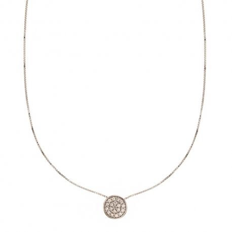 Collier en or blanc 18 Kt 750/1000 avec pendentif rond en zircon blanc pour femme