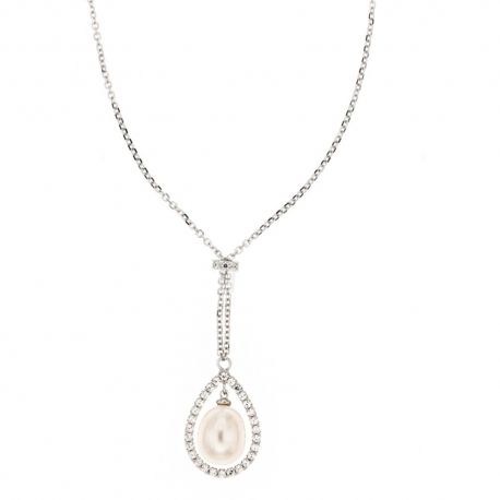 Collana in oro bianco 18 Kt 750/1000 con zirconi e perla pendente da donna