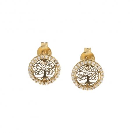 Boucles d'oreilles en or jaune 18 Kt 750/1000 avec arbre de vie et zircons blancs pour femme