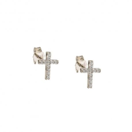 Boucles d'oreilles forme croix en or blanc 18 Kt 750/1000 avec zircons blancs pour fille