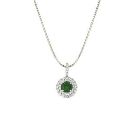 Colar feminino em ouro branco 18 Kt 750/1000 com zircões brancos e pingente de pedra verde