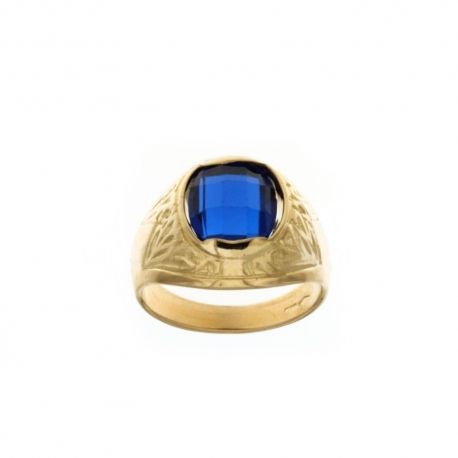 Bague en or jaune 18 Kt 750/1000 avec pierre bleue ovale et décorations latérales pour homme