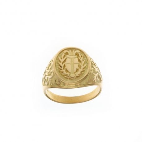 Anillo en oro amarillo de 18 Kt 750/1000 con forma ovalada y escudo y adornos para hombre.