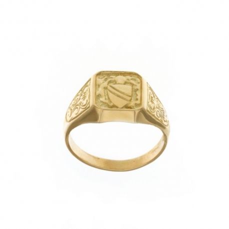 Bague modèle carré en or jaune 18 Kt 750/1000 avec armoiries et décorations latérales pour homme