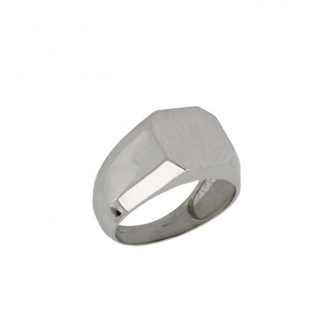 Anillo de hombre en oro blanco de 18 kt 750/1000 con forma rectangular pulido y satinado.