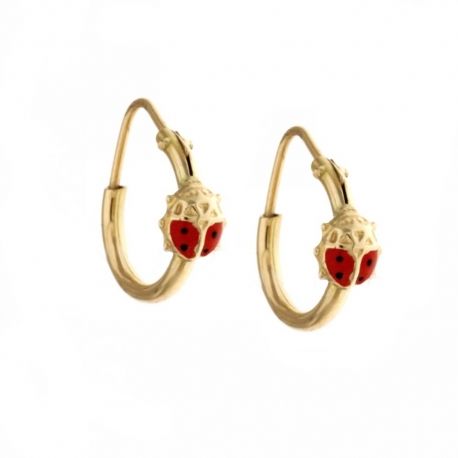 Boucles d'oreilles modèle cercle en or jaune 18 Kt 750/1000 avec coccinelle émaillée pour femme