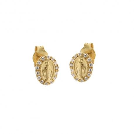 Pendientes de oro amarillo de 18 Kt 750/1000 con Virgen y circonitas blancas para mujer