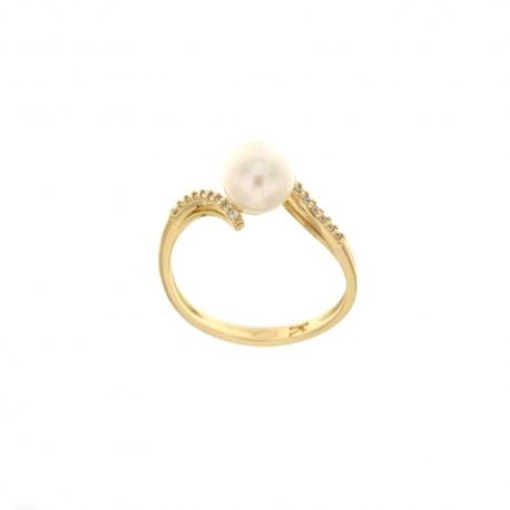 Anillo en oro amarillo de 18 Kt 750/1000 con perla y circonitas blancas, acabado pulido