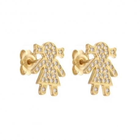 Boucles d'oreilles en or jaune 18 Kt 750/1000 en forme de petite fille avec zircons